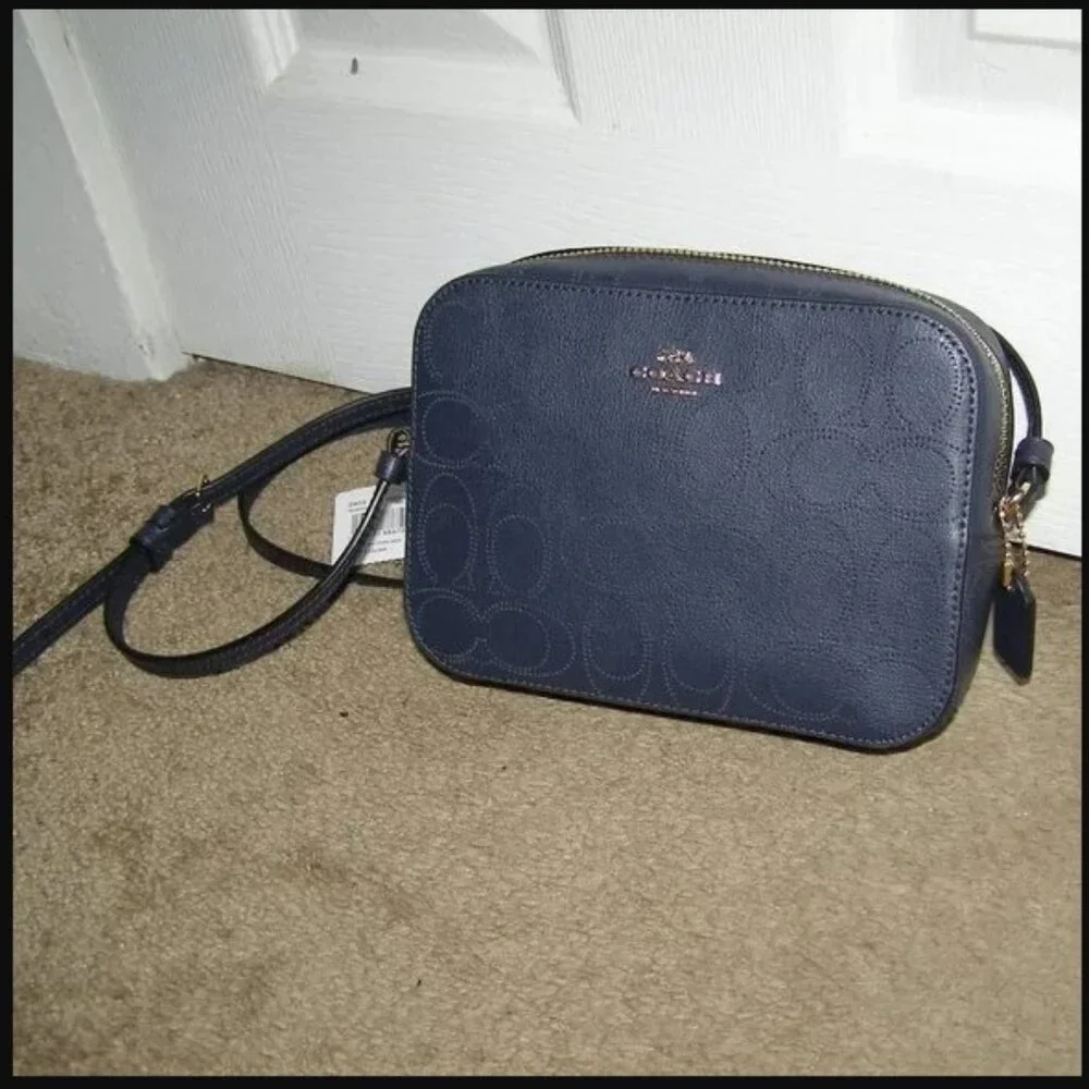 💙 NWOT Coach Navy Blue Perforated Leather Camera Bag Crossbody